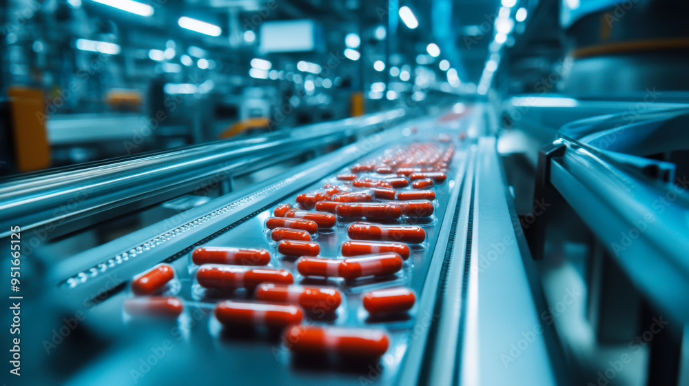 Red capsules moving along an assembly line in a pharmaceutical manufacturing facility during daytime operations Red capsules moving along an assembly line in a pharmaceutical manufacturing facility during daytime operations