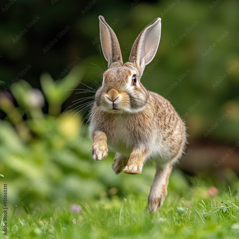 A playful rabbit hopping through lush green grass, showcasing its agility and charm in a vibrant natural setting. A playful rabbit hopping through lush green grass, showcasing its agility and charm in a vibrant natural setting.