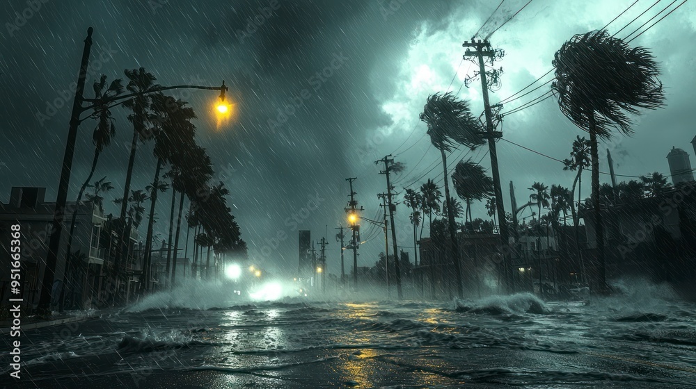 Flooded city street with palm trees during a heavy storm Flooded city street with palm trees during a heavy storm