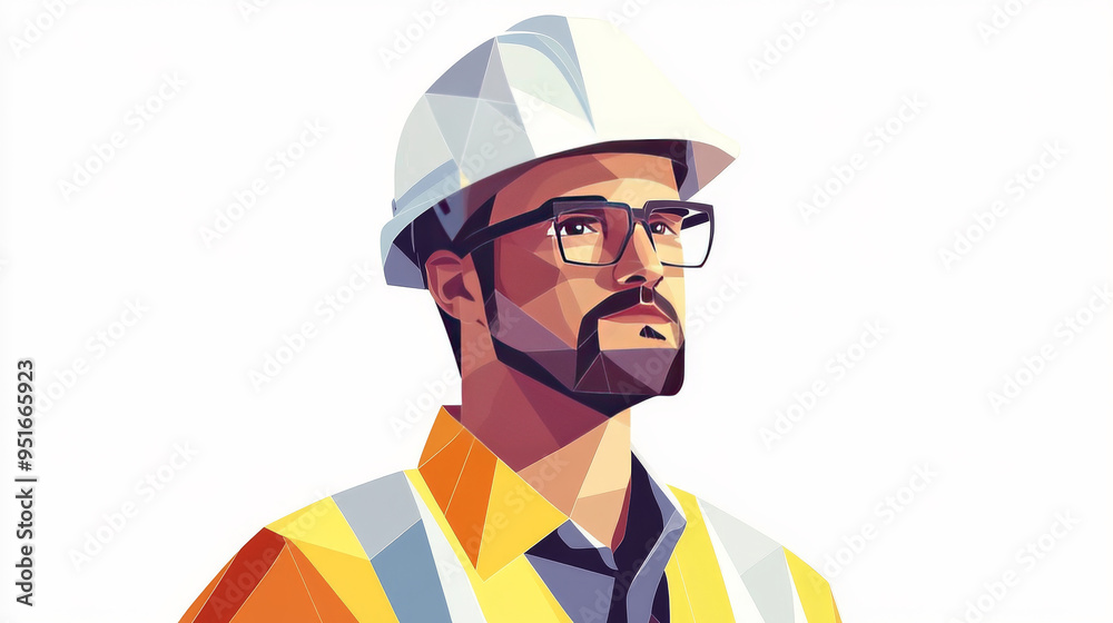 Polygonal vector illustration of a construction worker wearing a uniform, glasses, and a yellow safety helmet. The builder is depicted in a hard hat, isolated on a white background, rendered in a mode Polygonal vector illustration of a construction worker wearing a uniform, glasses, and a yellow safety helmet. The builder is depicted in a hard hat, isolated on a white background, rendered in a mode