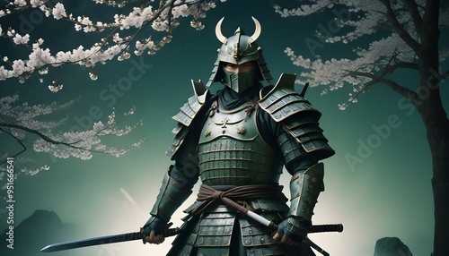 Samurai in his armors and flory background photo