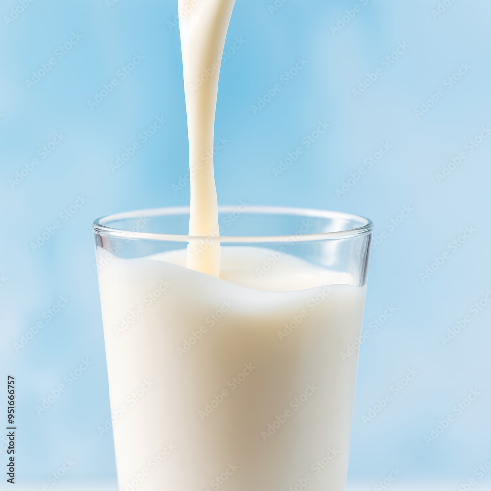 Pouring Fresh Milk into Glass on Blue Background Pouring Fresh Milk into Glass on Blue Background