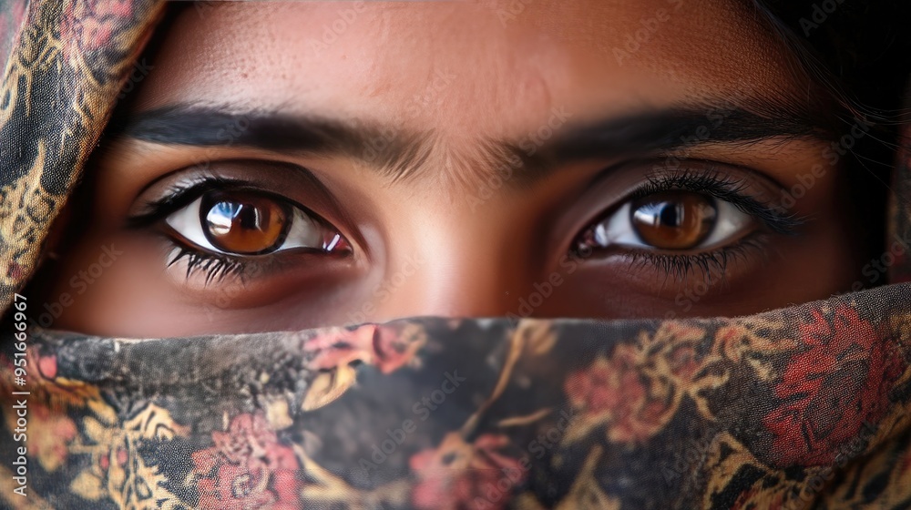 Close-up of a woman eyes, with her dupatta partially covering her face, adding mystery and cultural depth Close-up of a woman eyes, with her dupatta partially covering her face, adding mystery and cultural depth