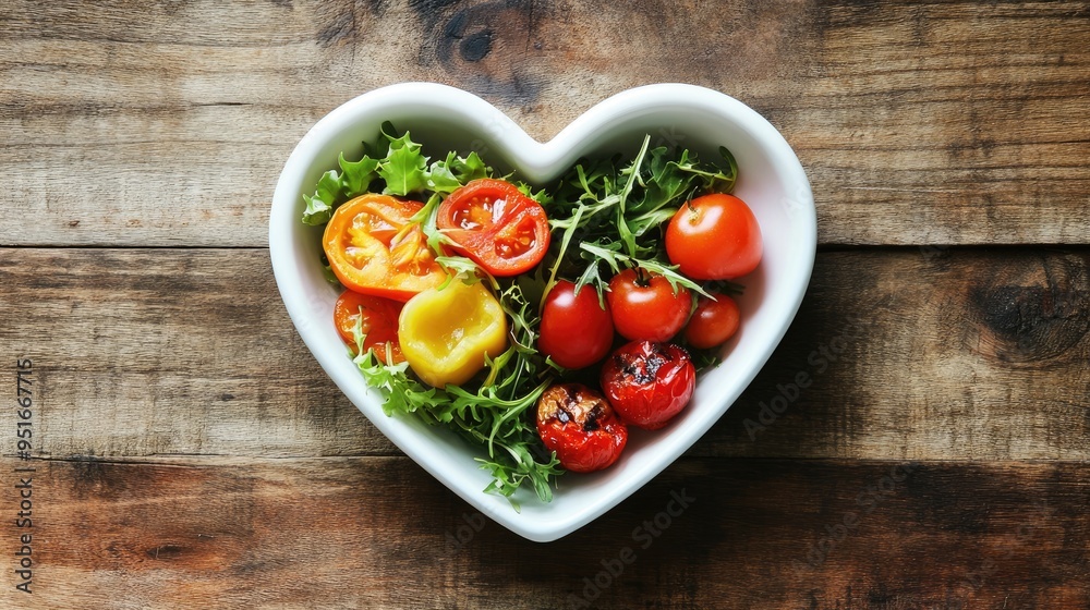 Heart-Shaped Bowl of Fresh Salad on Wooden Background Heart-Shaped Bowl of Fresh Salad on Wooden Background