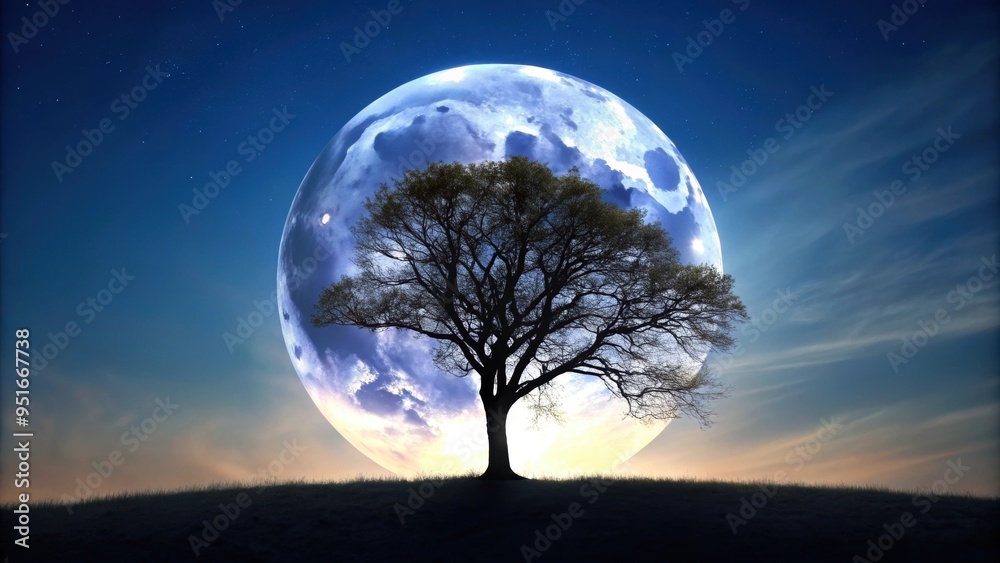Naklejka premium Silhouetted tree against a full moon in the night sky, moon, tree, silhouette, night, sky, stars, branches, nature, landscape