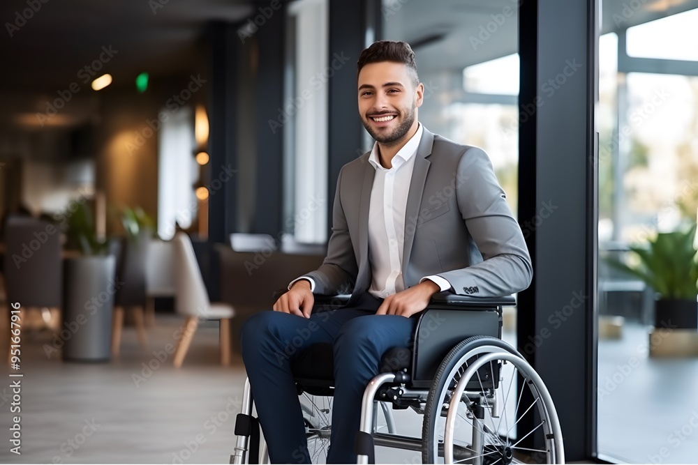 © Ирина Старикова - A young man in a business suit on a wheelchair in the office. © Ирина Старикова - A young man in a business suit on a wheelchair in the office.
