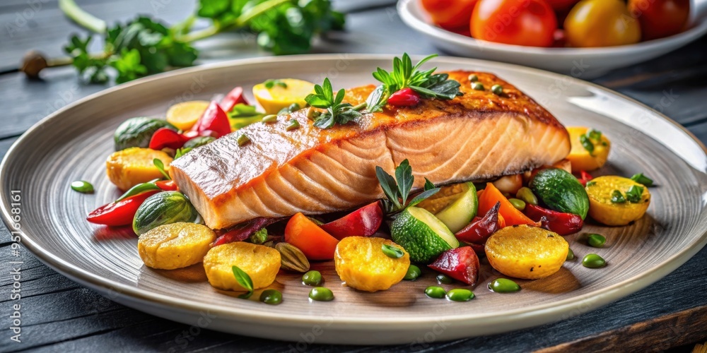 Gourmet dish featuring sustainably sourced salmon with roasted vegetables , gourmet, dish Gourmet dish featuring sustainably sourced salmon with roasted vegetables , gourmet, dish
