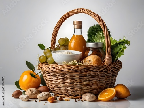 A basket with food products on white background