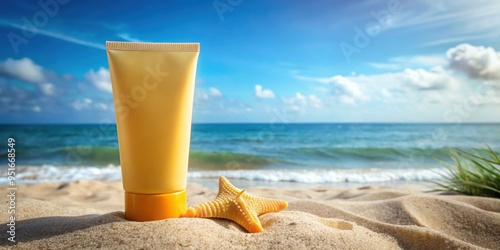 Beach still life featuring SPF 50+ sunscreen for skin protection in the summer, beach, still life, SPF 50+, sunscreen, skin