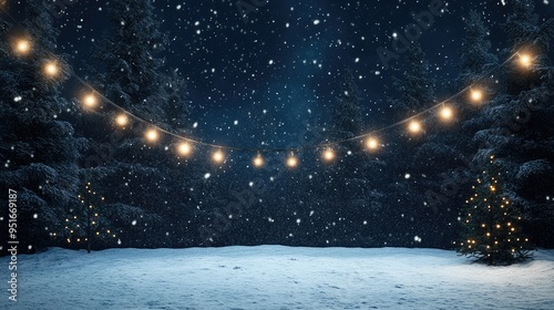 snow falling at night in a snowy dark forest with lights and stars