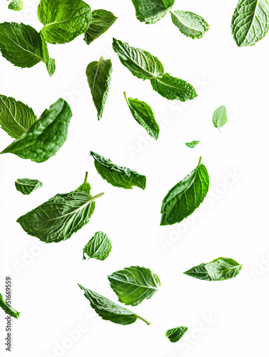 Fresh Green Mint Leaves Falling Isolated on White Background