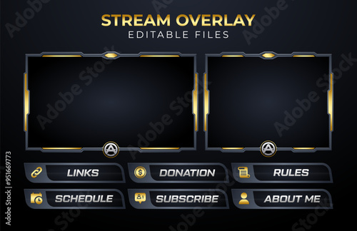 Stream overlay template design with gold accents for live streaming. Editable file