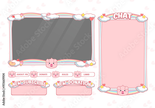 Cute Pink and Rainbow Twitch Stream Overlay with Pig Cartoon for Girls