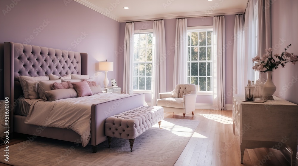 Elegant bedroom interior with lavender walls, tufted bed, and soft natural lighting from large windows Elegant bedroom interior with lavender walls, tufted bed, and soft natural lighting from large windows