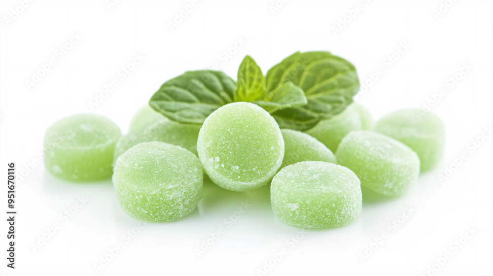 Green Mint Candies with Fresh Mint Leaves Green Mint Candies with Fresh Mint Leaves