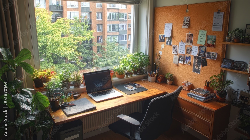 A home office setup in a small nook, featuring a compact desk, a laptop, and a corkboard filled with notes and photos. The space is cozy and functional, making the most of limited space. A home office setup in a small nook, featuring a compact desk, a laptop, and a corkboard filled with notes and photos. The space is cozy and functional, making the most of limited space.