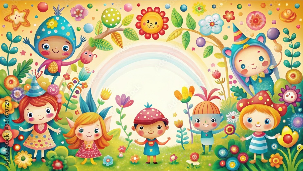 An enchanting and whimsical featuring colorful abstract shapes and adorable characters, magic, super cute, abstract An enchanting and whimsical featuring colorful abstract shapes and adorable characters, magic, super cute, abstract