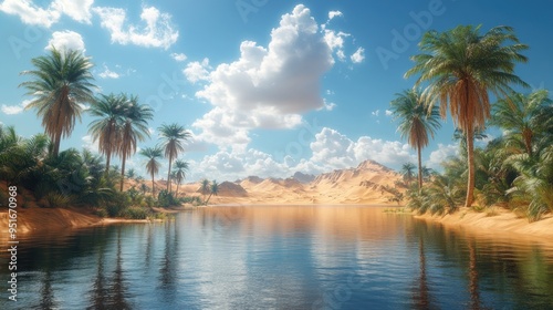 Serene desert oasis with palm trees and a tranquil water body.