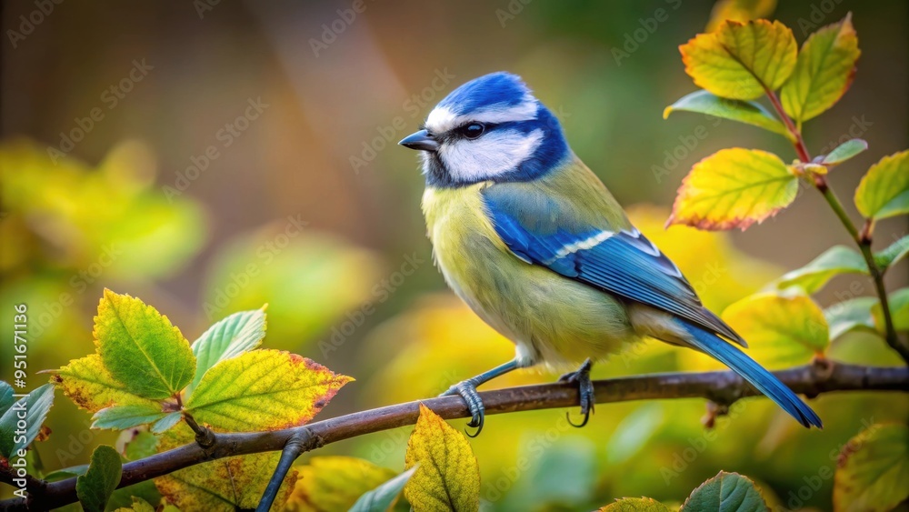 Obraz premium Bluetit bird perched on a tree branch surrounded by leaves, with a blurred background , Bluetit, bird, tree, branch, leaves