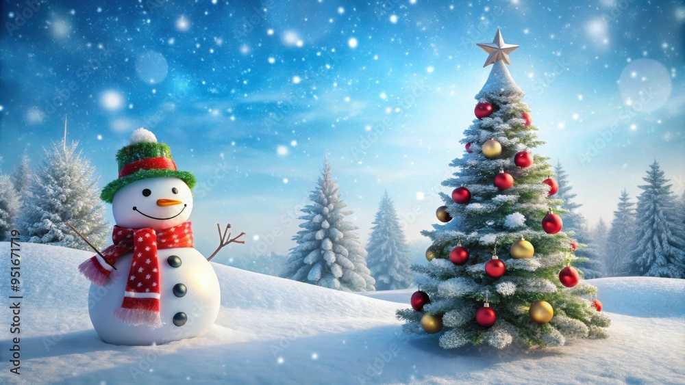 Snowman and Christmas tree in a snowy winter wonderland scene, winter, festive, holiday, snow, decoration, cheerful