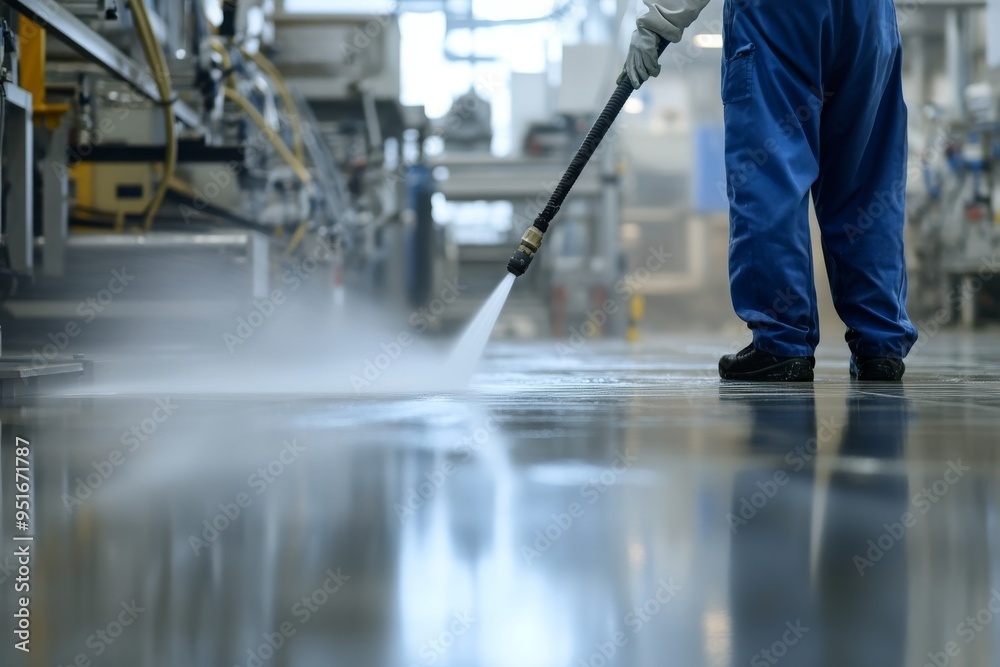 Obraz premium They wear clean and standard blue protective suits. Factory workers clean the factory floor, reflecting their dedication to maintaining strict hygiene standards, using high-pressure water jets.