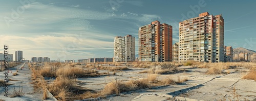 Deserted urban development with incomplete buildings and no signs of life, a stark portrayal of economic failure. photo