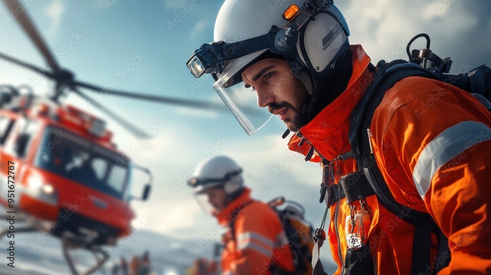 Muslim people in rescue unit outfits, efficiently working together in a rescue operation, with emergency vehicles and safety gear visible in the background. Muslim people in rescue unit outfits, efficiently working together in a rescue operation, with emergency vehicles and safety gear visible in the background.