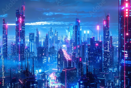 Wallpaper Mural Futuristic cityscape, glowing buildings, blue neon lights, digital metropolis, high-tech, night scene  Torontodigital.ca