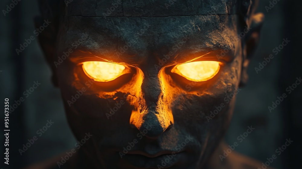 Eerie illuminated statue with glowing eyes in a dimly lit environment