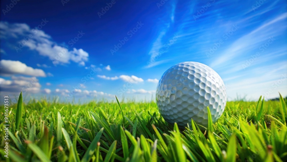 Golf ball sitting on lush green grass under a clear blue sky , sport, golfing, recreation, outdoor, leisure, activity Golf ball sitting on lush green grass under a clear blue sky , sport, golfing, recreation, outdoor, leisure, activity