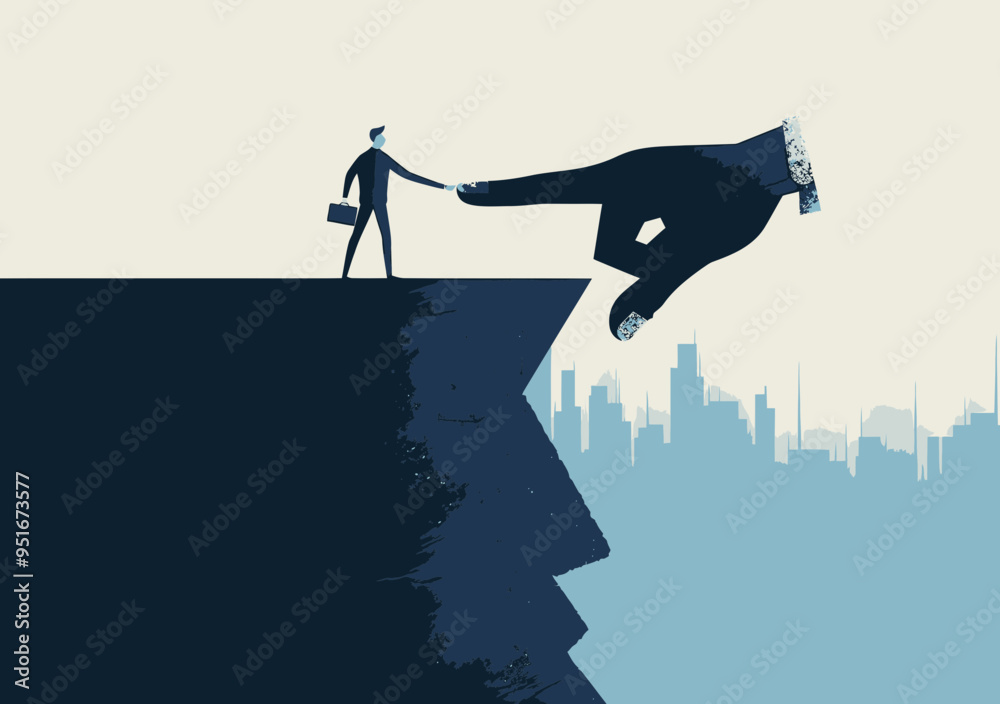 Fototapeta premium Giant Hand Helping Businessman Across Gap, Conceptual Illustration of Support, Assistance, Business Challenge Overcoming, Minimalistic Design