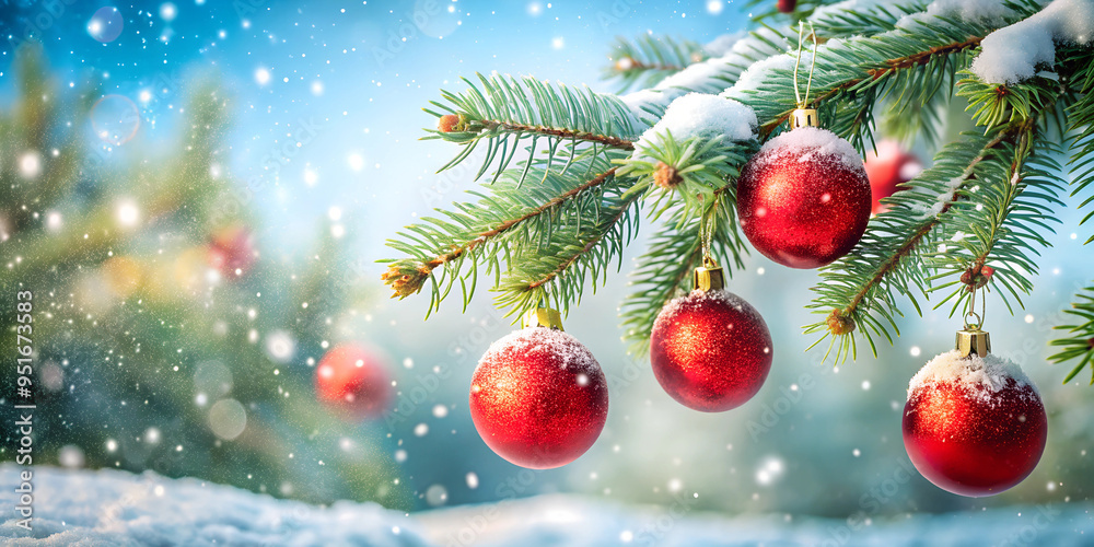 Fototapeta premium Sparkling Christmas magic with red ornaments adorning snow-covered pine branches, perfect for holiday greetings and festive designs, creating a warm winter glow