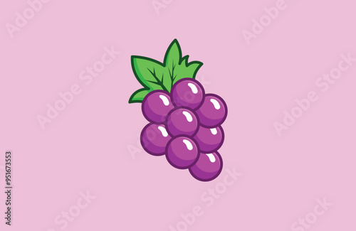 Purple grape with green leaf on pink background, cartoon style