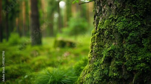 Detailed shot of a tree trunk enveloped in green moss.