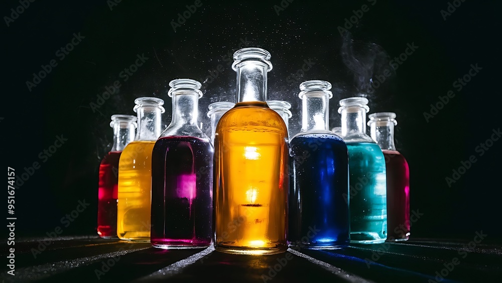 Low angle view of glass bottles with multicolored liquid on dark background with back light Low angle view of glass bottles with multicolored liquid on dark background with back light