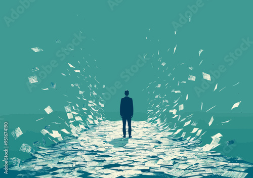 Overwhelmed Businessman Facing Endless Paperwork: Conceptual Minimalist Illustration of Workload Challenge photo