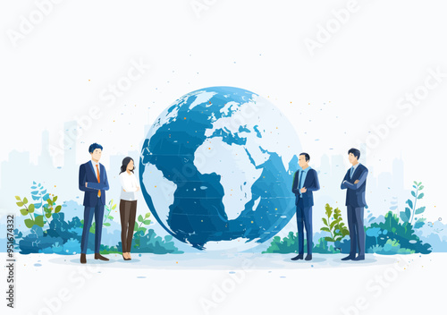Business Team Discussing Global Trade, Investment, and Ecology by Globe, Daytime, Minimalistic Vector Illustration