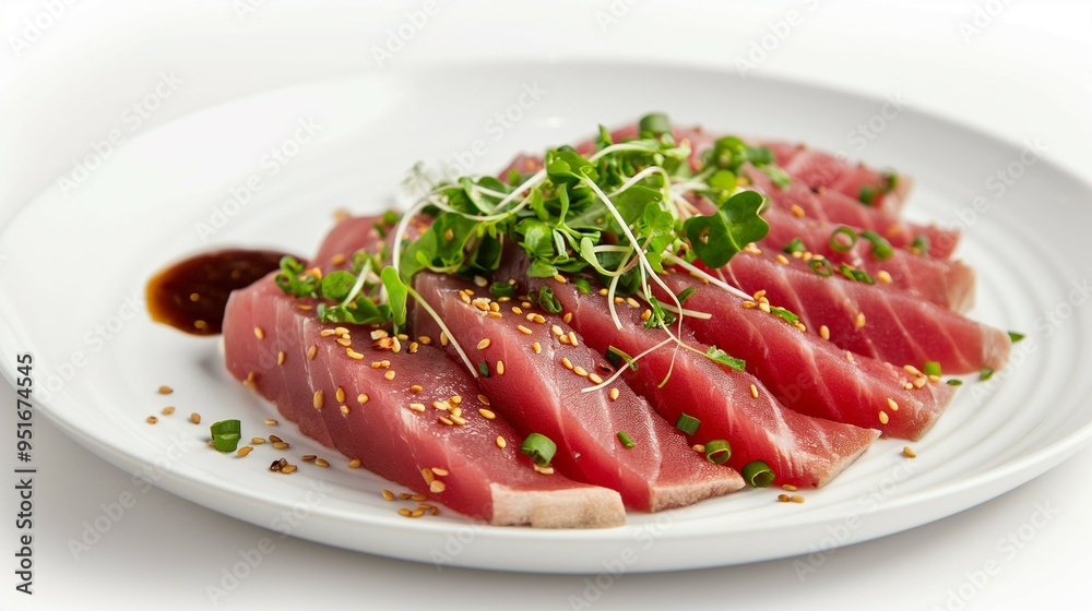 Sliced tuna and salad on a white plate Sliced tuna and salad on a white plate