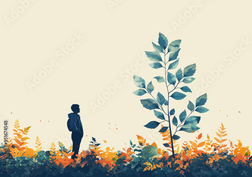 Business Growth and Investment Concept with Man Looking at Large Plant Surrounded by Colorful Foliage, Minimalistic Vector Illustration Depicting Profit and Success