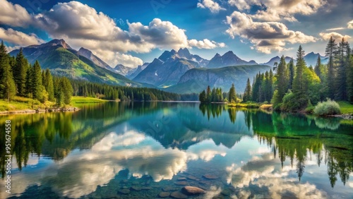 Serene landscape featuring a tranquil lake nestled among majestic mountains, scenic, nature, outdoors, peaceful, water