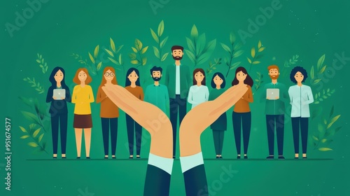 HR management and coaching culture, flat design, isolated background, figures holding culture icons, green background, close-up, studio lighting photo