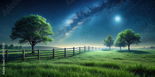 Grassland with trees and fence at nighttime, Grassland, trees, fence, night, dark, rural, landscape, moonlight, serene