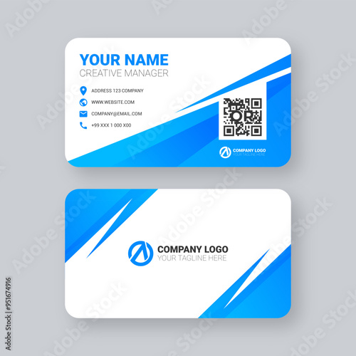 Modern blue business card template design with QR code for company branding