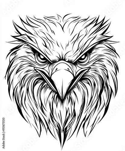 A detailed illustration of an eagle's head with fierce expression and intricate feathers.