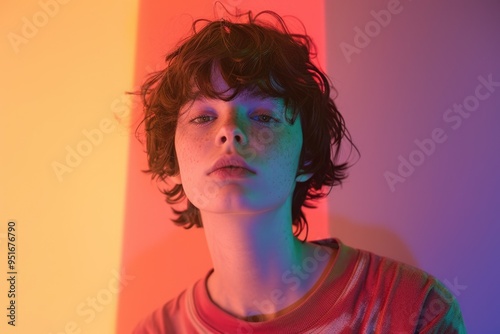 Non binary teenager on color background  Non binary teenager on color background photo