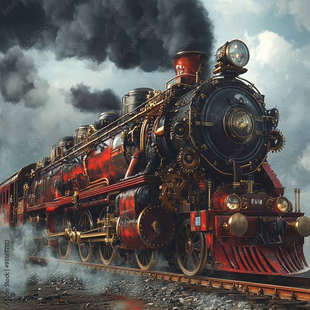 Fototapeta premium Steampunk steam locomotive with intricate mechanical details on a foggy railway track in a vintage industrial setting