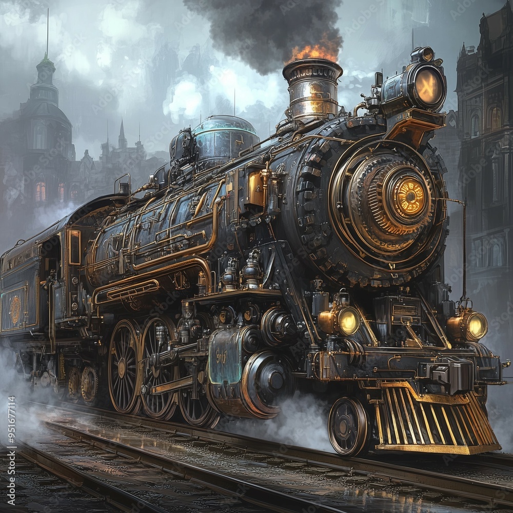 Naklejka premium Steampunk steam locomotive in a foggy industrial city with vintage mechanical design and dramatic atmosphere