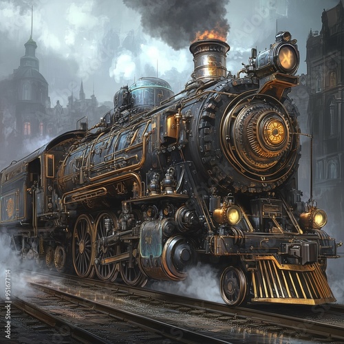 Steampunk steam locomotive in a foggy industrial city with vintage mechanical design and dramatic atmosphere