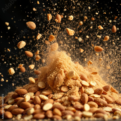 Almond Flour and Whole Almonds Exploding in Air with Dramatic Lighting photo