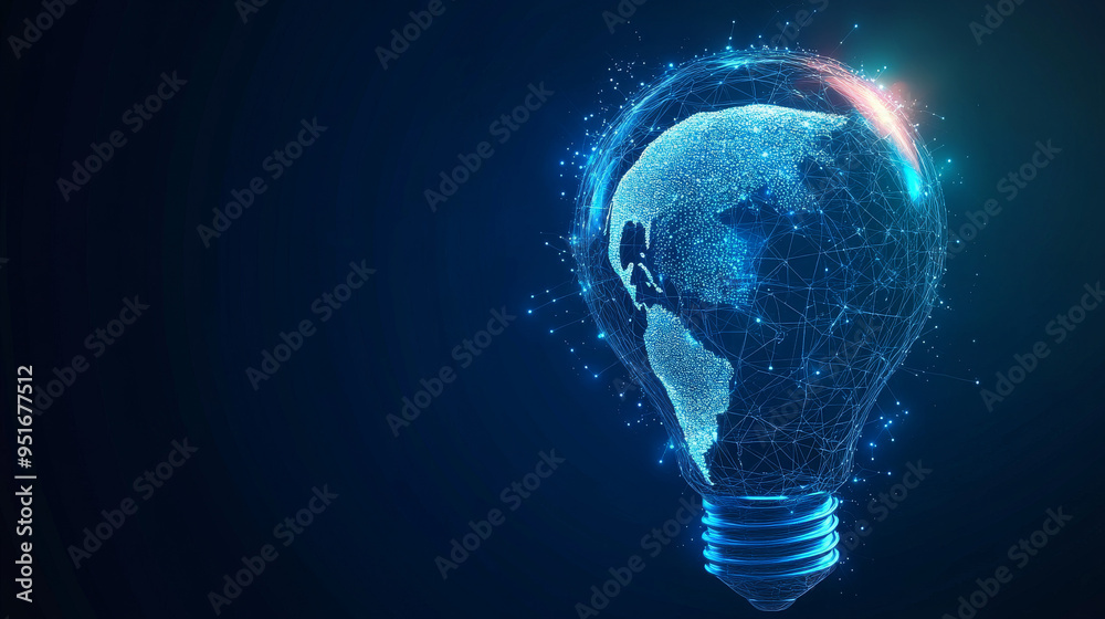 Digital illustration of the Earth, focusing on the Eastern Hemisphere, encapsulated inside a light bulb. This technology-themed, low poly wireframe vector illustration represents the 3D concept . Digital illustration of the Earth, focusing on the Eastern Hemisphere, encapsulated inside a light bulb. This technology-themed, low poly wireframe vector illustration represents the 3D concept .